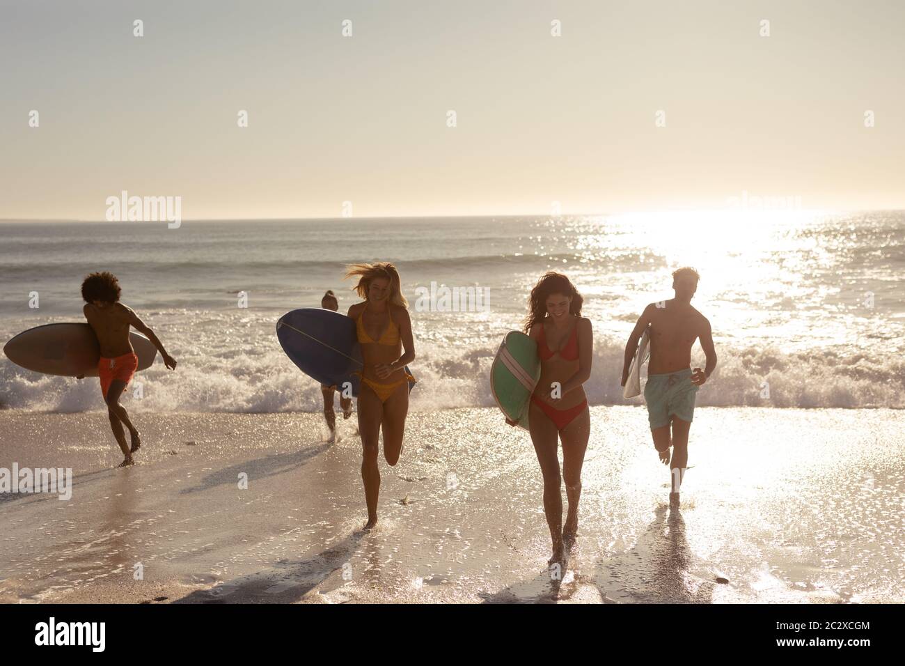 Grupo multiétnico de hombres y mujeres, surfing en la playa Foto de stock