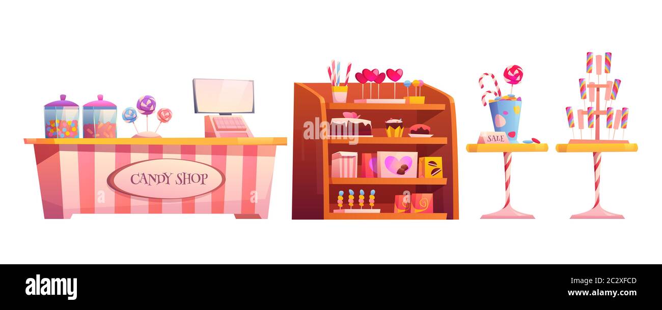 Tienda de dulces muebles interiores vacíos con varios pasteles, mostrador  de caja, estante y mesas con chocolate, candisoles y paletas para la venta,  dulces Imagen Vector de stock - Alamy
