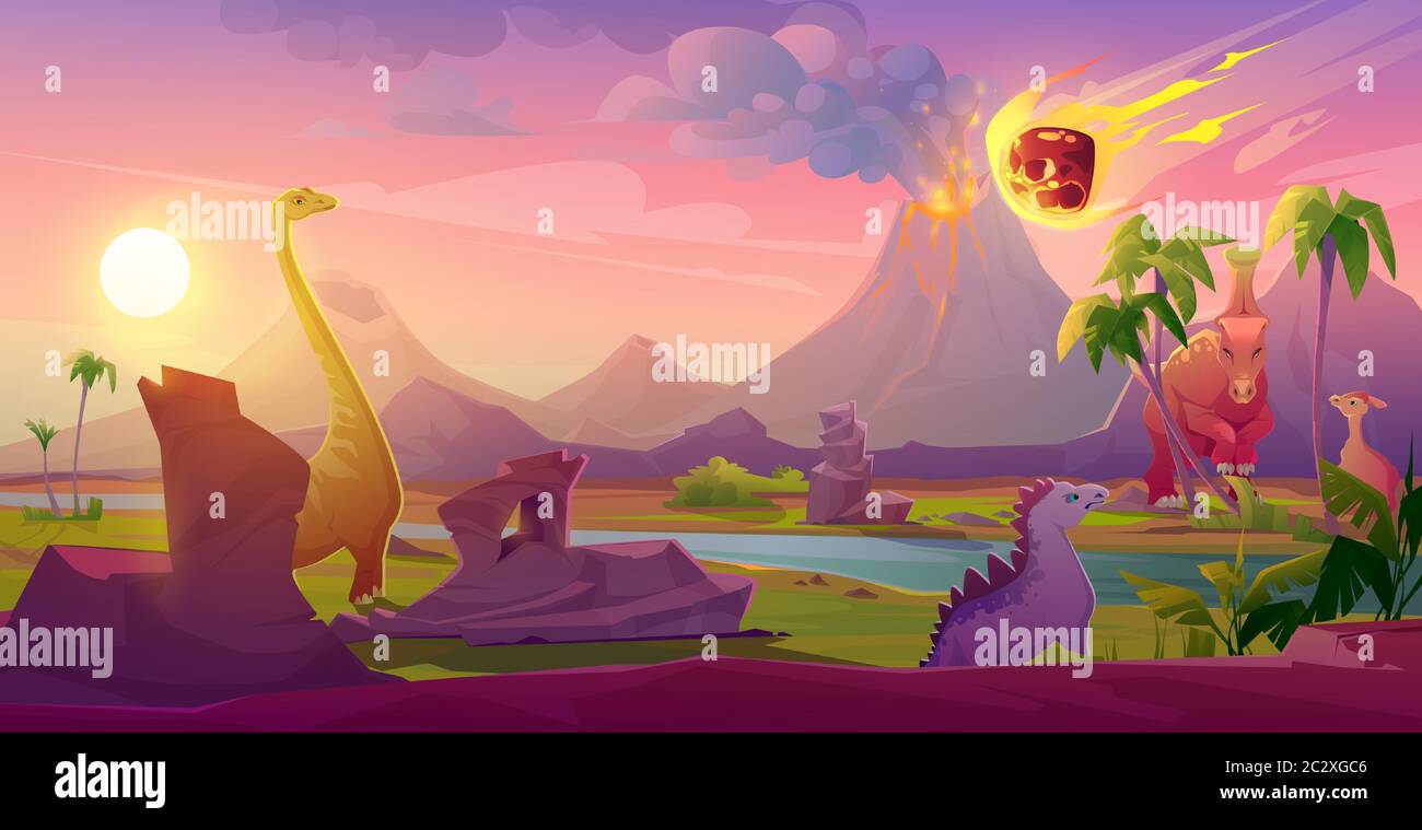 wallpapers Cayendo Meteorito Animado https www alamy es dinosaurios extintos con meteorito cayendo en la tierra explosion de asteroides en el final de la era prehistorica del jurasico cretacico o triasico con volcan en erupcion image363230678 html