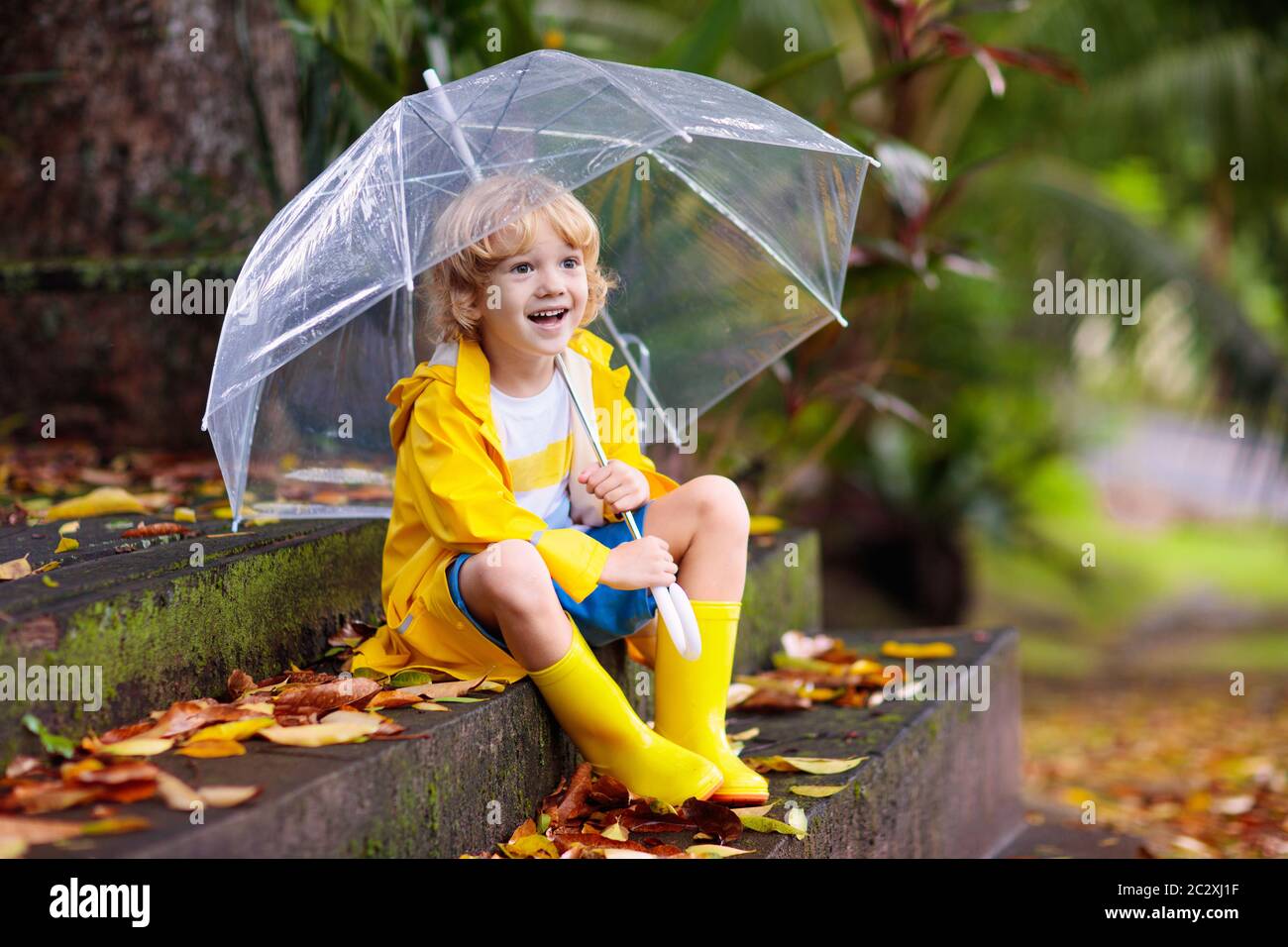 Niño jugando en otoño. Niño con paraguas. Niño corriendo en un parque en temporada de otoño. Diversión al aire libre para los niños en cualquier clima. Agua wea de stock -