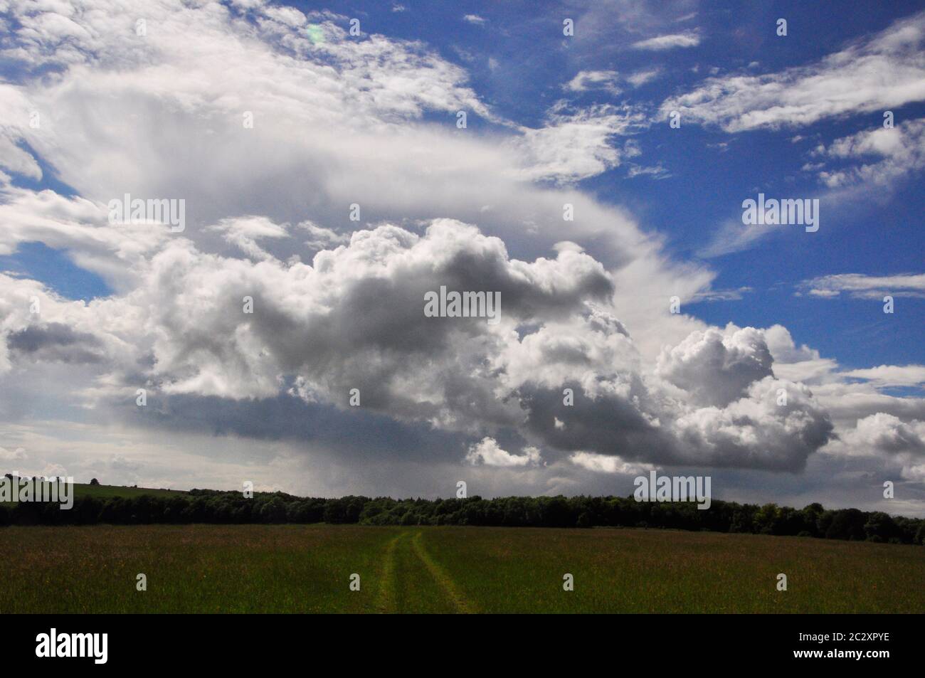 Una mezcla de formaciones de nubes en el cielo sobre la llanura de Salisbury en Wiltshire a principios del verano. Foto de stock