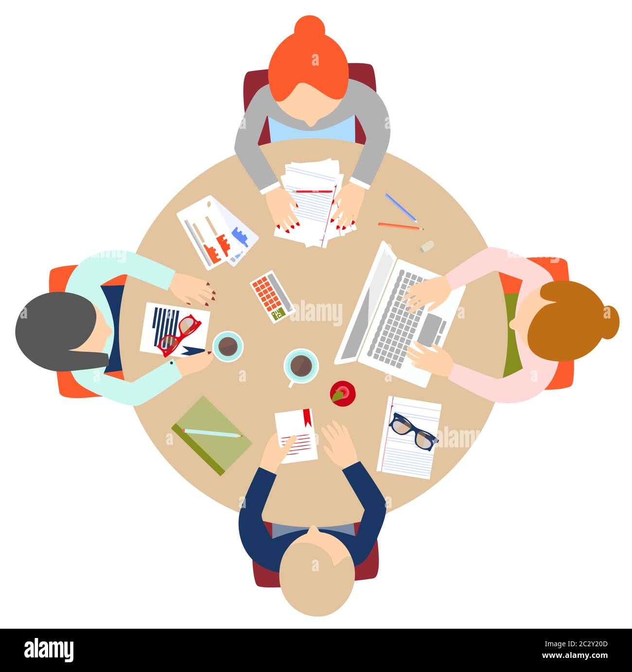estrategia de reuniones mesa redonda de trabajo en equipo sobre el administrador de oficinas ilustración del ordenador Fotografía de stock - Alamy