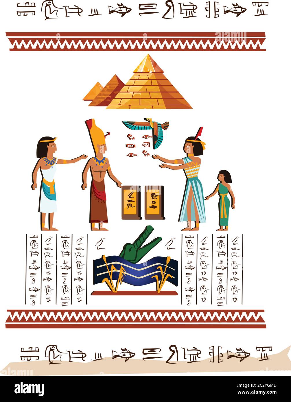 Antiguo Egipto pared de arte o elemento mural de dibujos animados vector.  Pintura monumental con jeroglíficos y símbolos de la cultura egipcia,  dioses antiguos, río Nilo An Imagen Vector de stock -