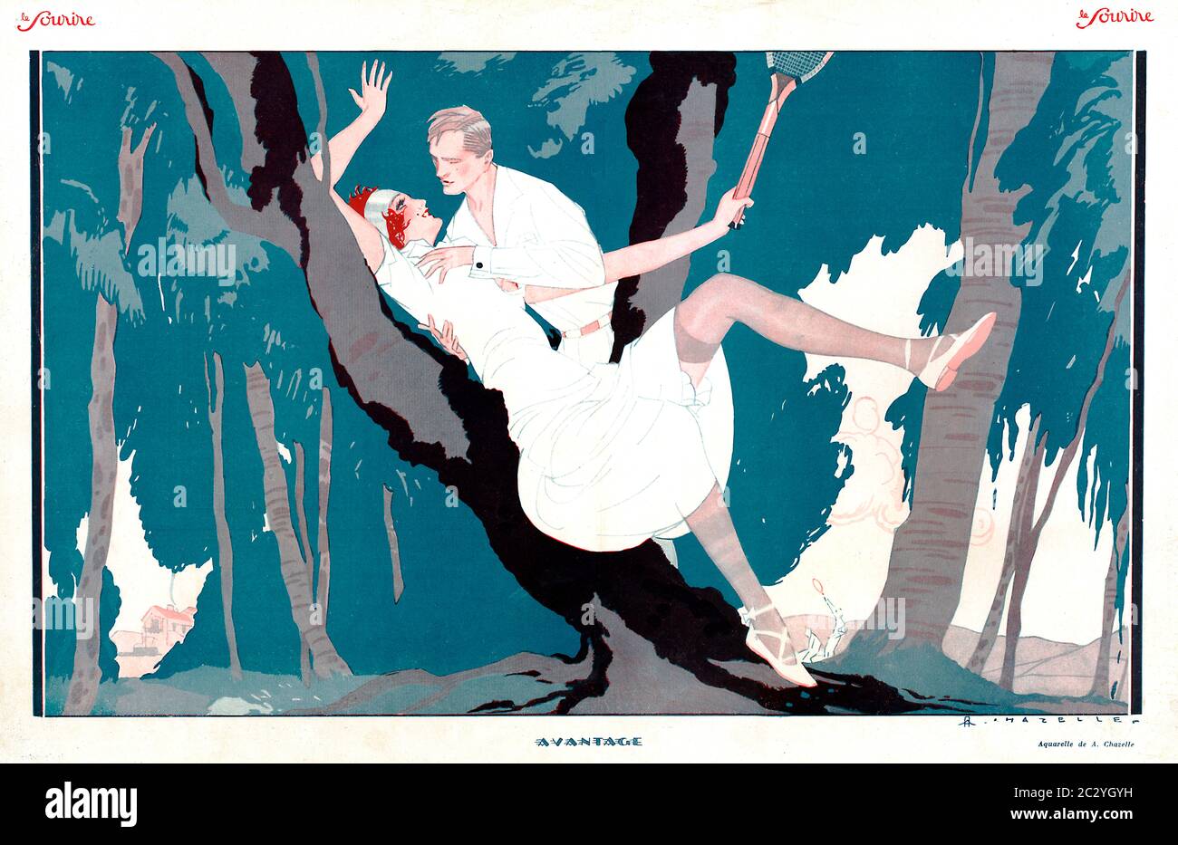 Avantage, 1925 ilustración de la revista francesa le Sourir, los jugadores de tenis han dejado la cancha para retozar en el bosque, y parece que está aprovechando Foto de stock