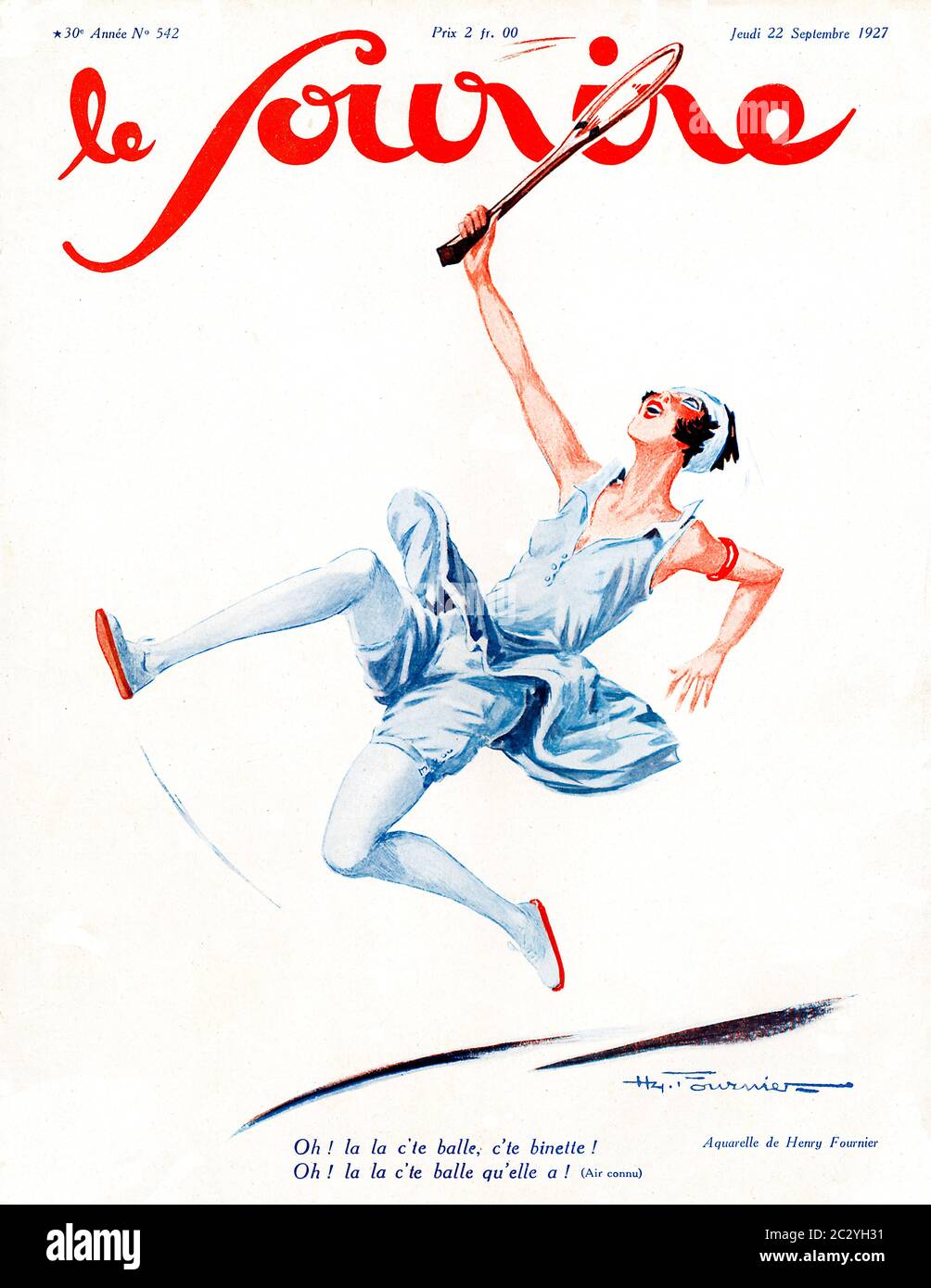 Tenis Oh la, 1927 ilustración de la portada de la revista francesa le Sourre, una jugadora hace un smash de cabeza Foto de stock