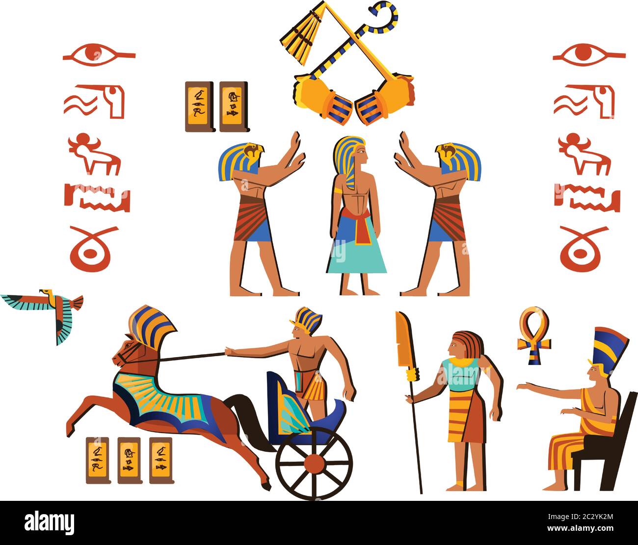 Antiguo Egipto pared de arte o elemento mural de dibujos animados vector.  Pintura monumental con jeroglíficos y símbolos de la cultura egipcia,  dioses antiguos, carros y h Imagen Vector de stock - Alamy