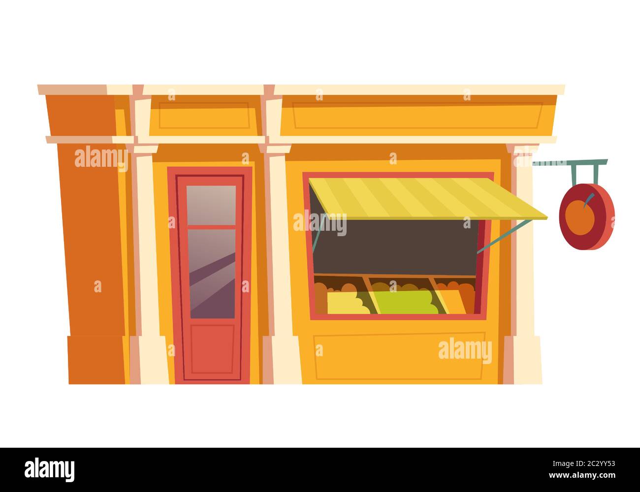 Kiosco de verduras y frutas construcción de dibujos animados vector  ilustración. Fachada de una pequeña tienda de comida retro con cartel.  Edificio de la ciudad, pequeño negocio aislado Imagen Vector de stock -
