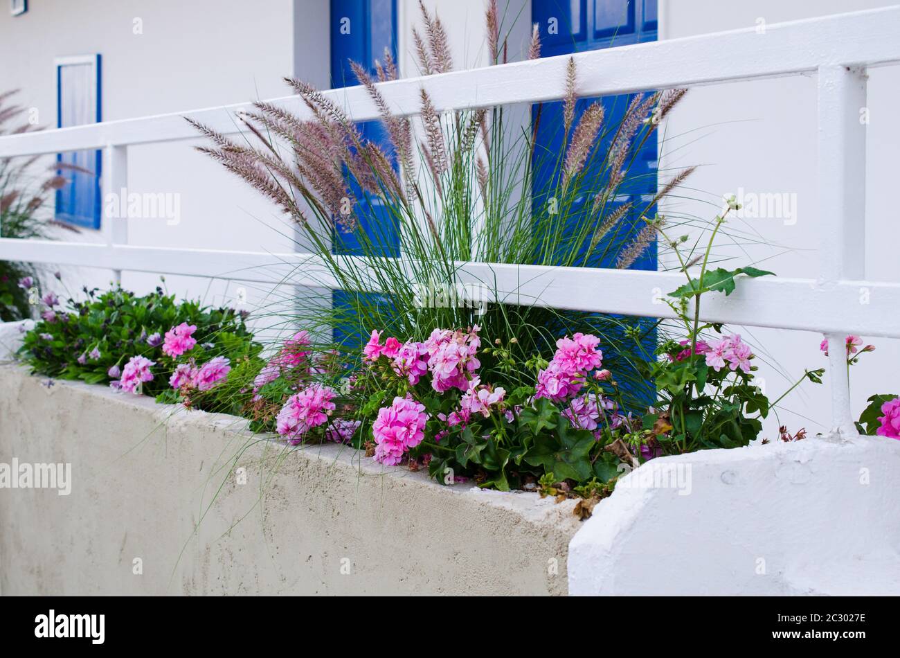 Entrada de la casa decorada con flores de colores, plantas decorativas  Fotografía de stock - Alamy