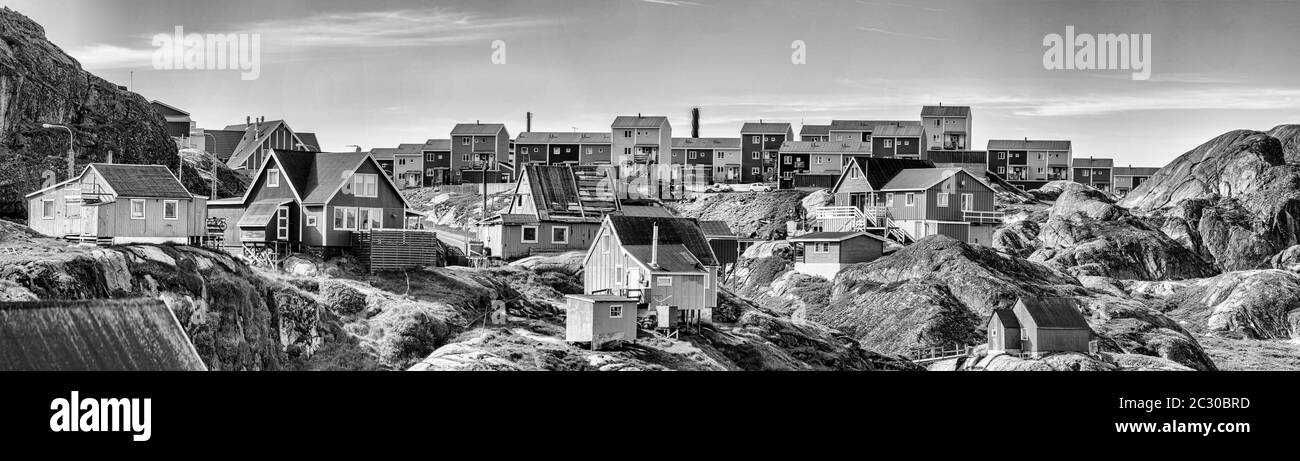 Panorama de la aldea de Sisimiut, Groenlandia Foto de stock