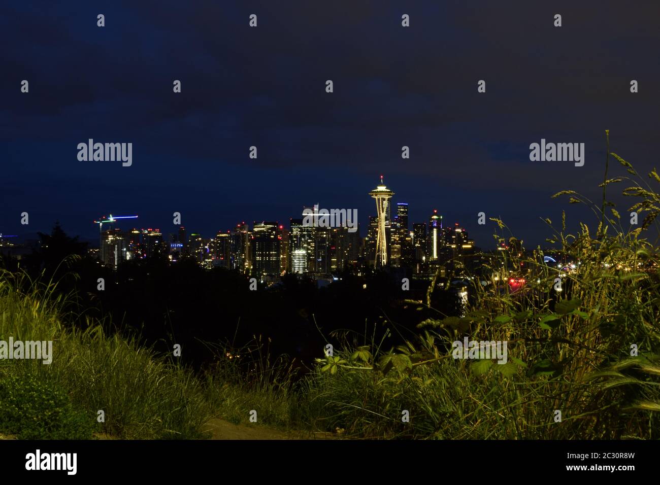 Vista en ángulo bajo del icónico horizonte iluminado de Seattle por la noche Foto de stock