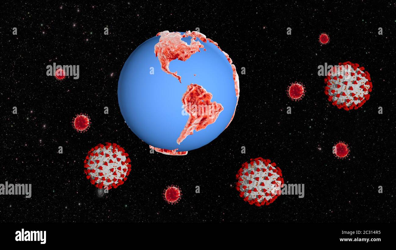 Continente americano y modelo de coronavirus Covid 19, advertencia de coronavirus, renderizado en 3D. Foto de stock