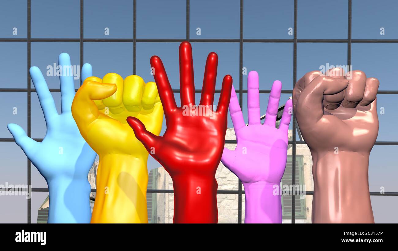 Una mano alzada, como símbolo de la lucha por la libertad. Renderizado en 3D. Foto de stock