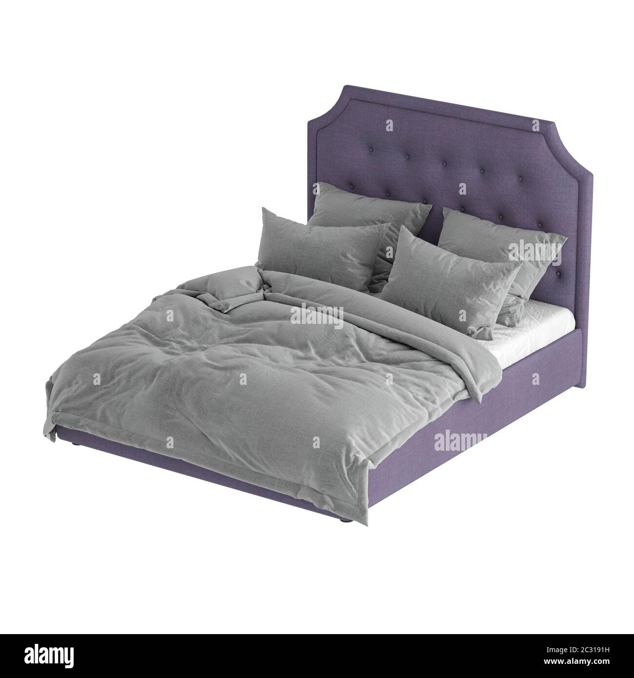 Cama doble lila suave con una cabecera acolchada alta con ropa de cama gris  sobre fondo blanco. renderizado en 3d Fotografía de stock - Alamy