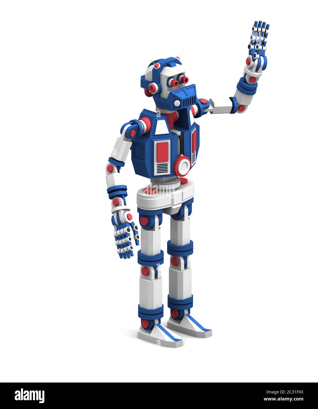 el robot, excepcionalmente detallado, se pone de pie y saluda con la mano agitada Foto de stock