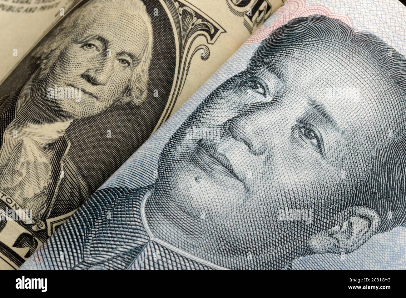 Billete DE EE.UU. Con moneda china Foto de stock
