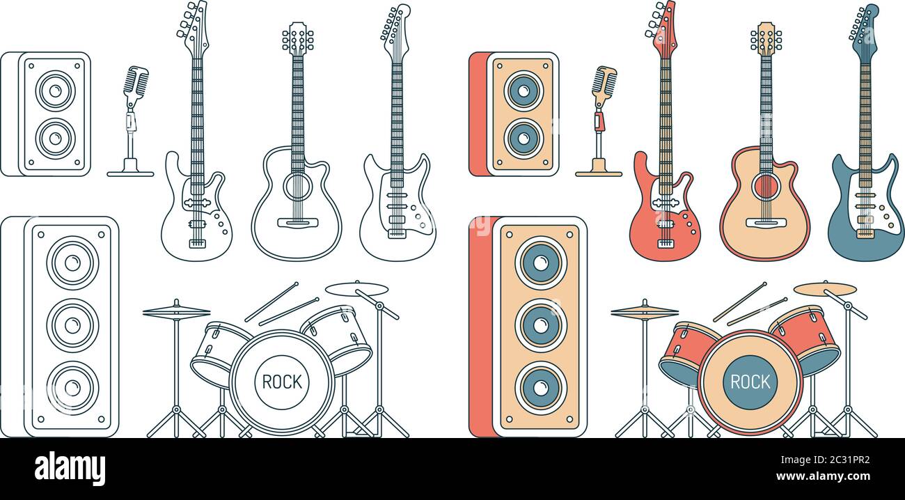 Instrumentos musicales - guitarras eléctricas y acústicas, bajo, batería Ilustración del Vector