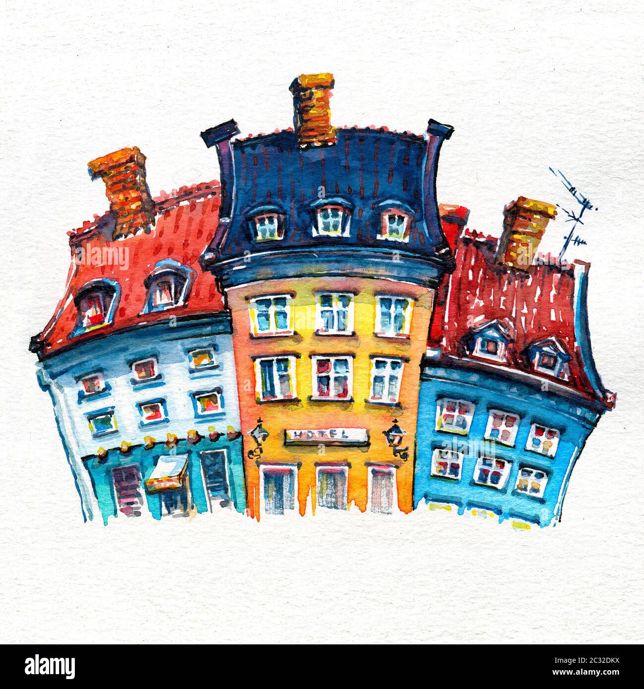 Dibujo de acuarela de coloridas fachadas de casas antiguas en Nyhavn puerto en el casco antiguo de la ciudad de Copenhague, capital de Dinamarca. Foto de stock