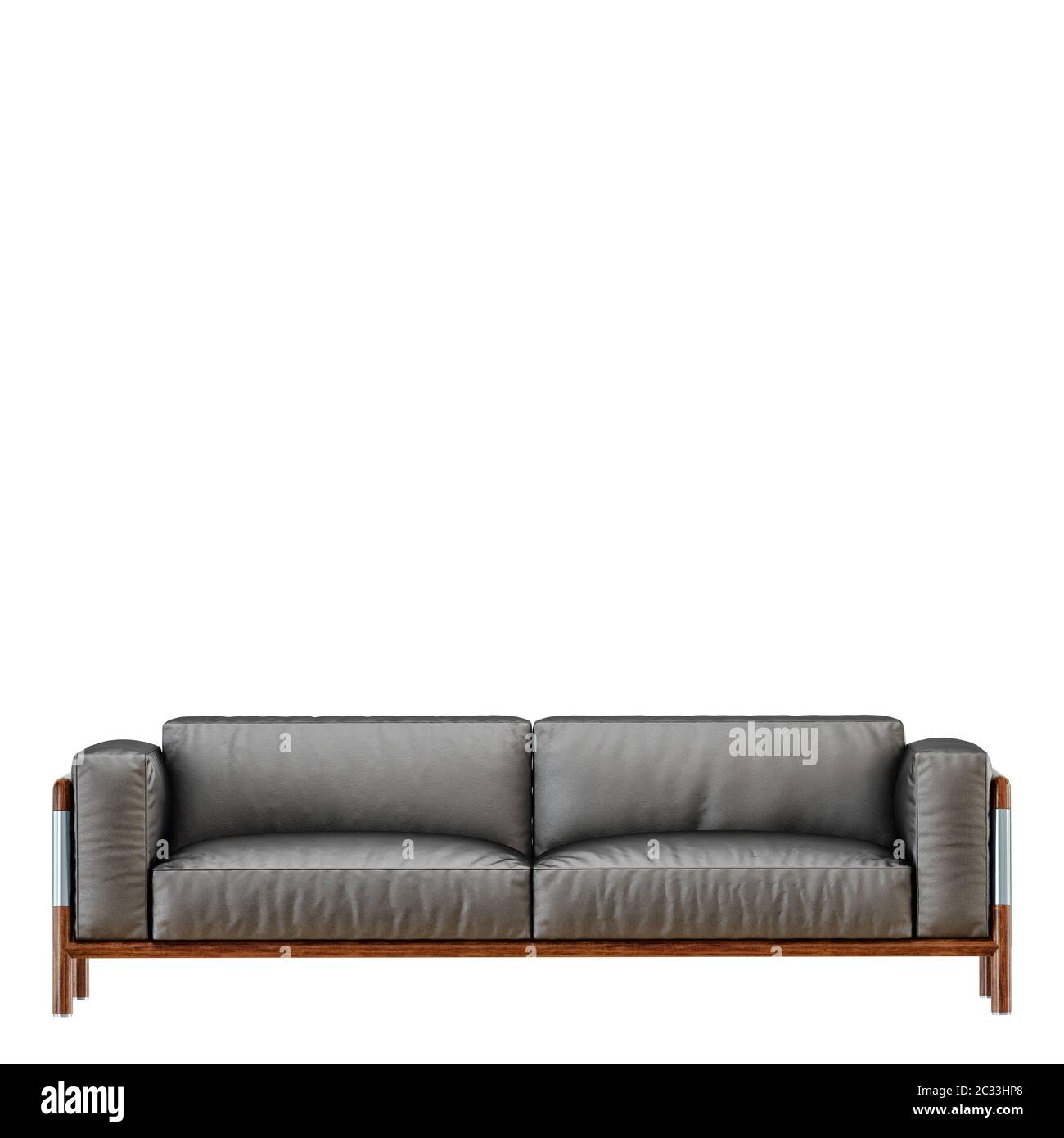 Sofá de cuero negro suave con pliegues sobre fondo blanco 3d Foto de stock