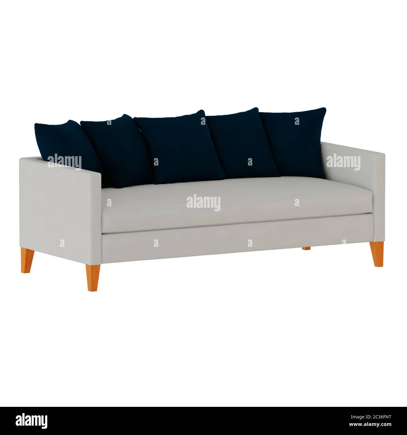 Sofá de tela blanca con almohadas en un color blanco 3d de fondo Foto de stock