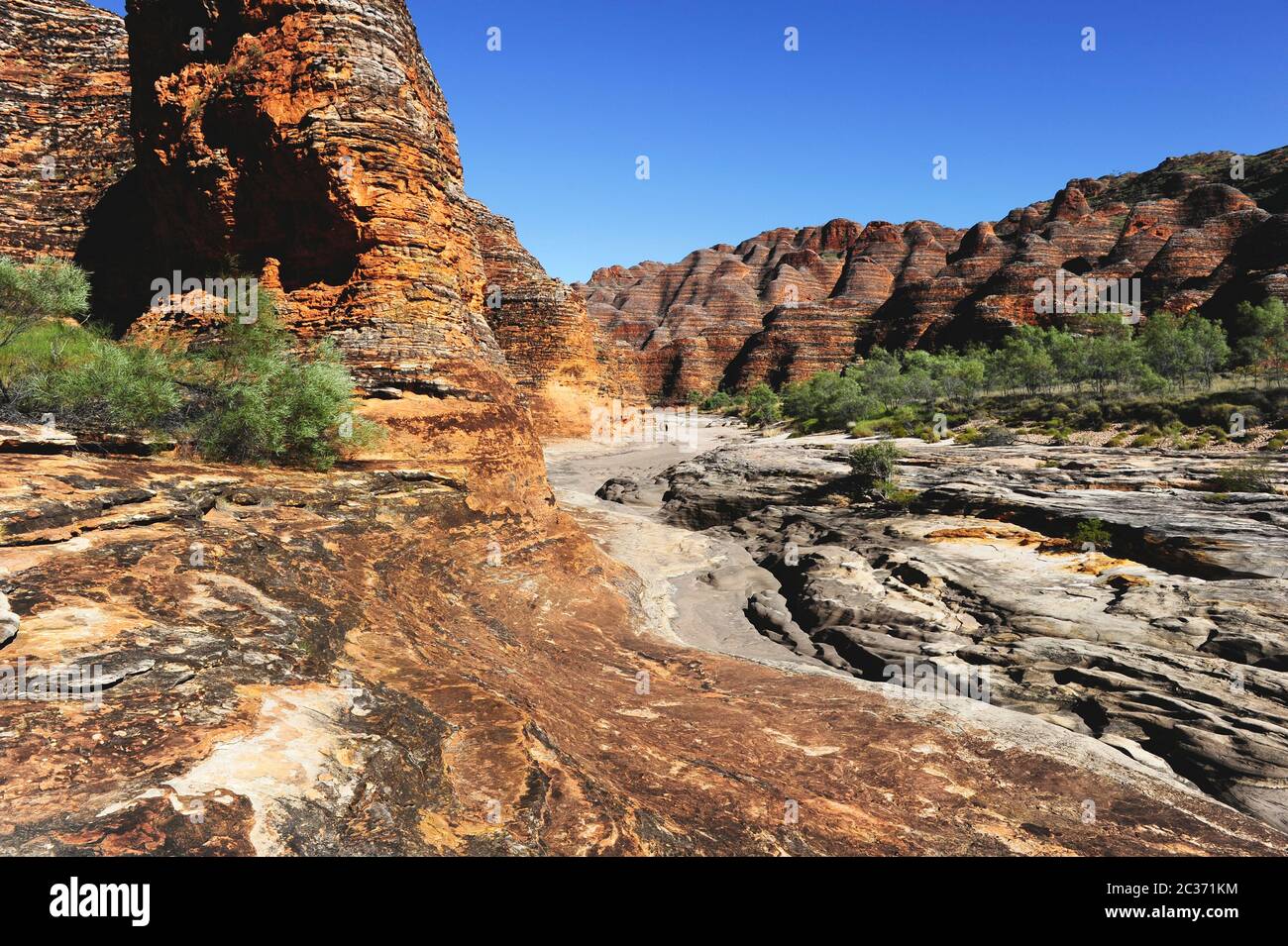 El Parque Nacional de Purnululu o Bungle Bungles es una zona declarada Patrimonio de la Humanidad y popular destino turístico para los turistas en el Outback de Australia Occidental. Foto de stock