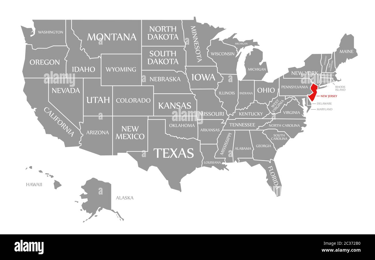 Nueva Jersey resaltada en rojo en el mapa de los Estados Unidos de América Foto de stock