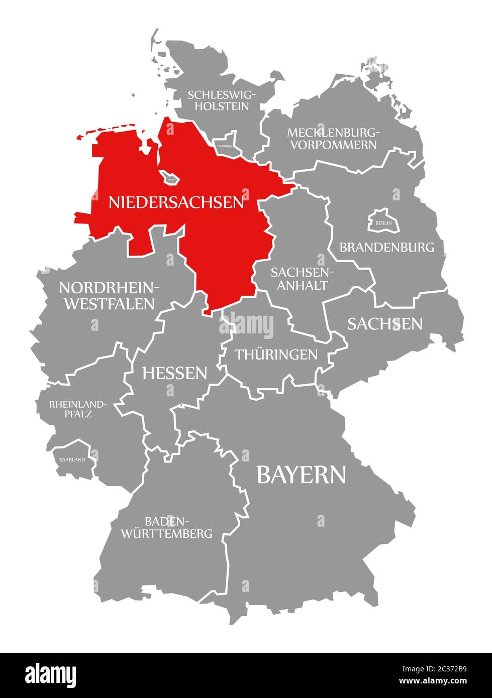 Baja Sajonia resaltada en rojo en el mapa de Alemania Foto de stock