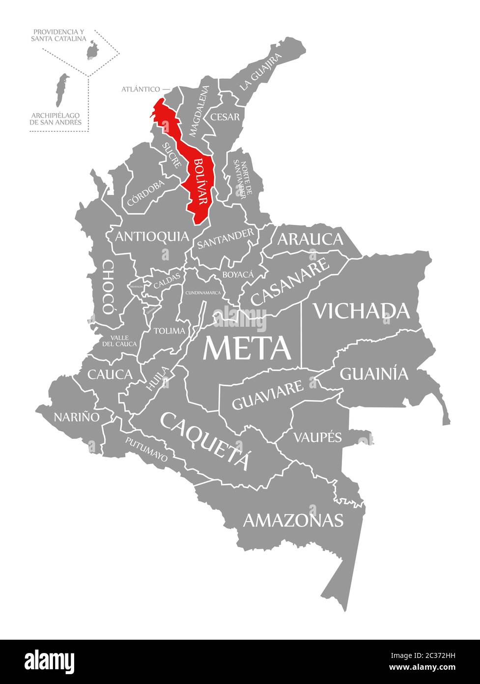 Bolívar resaltada en rojo en el mapa de Colombia Fotografía de stock