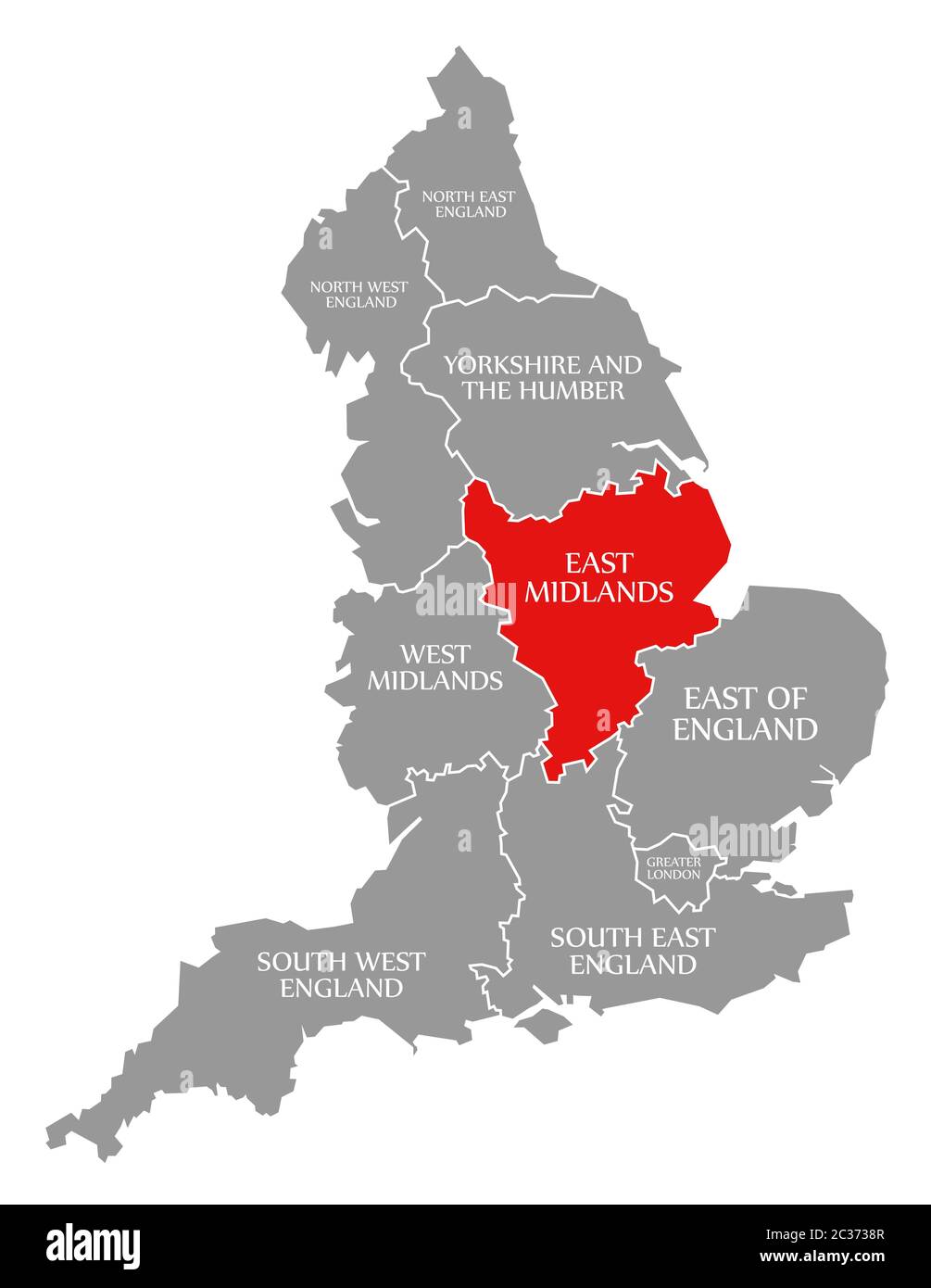 East Midlands resaltada en rojo en el mapa de Inglaterra Foto de stock
