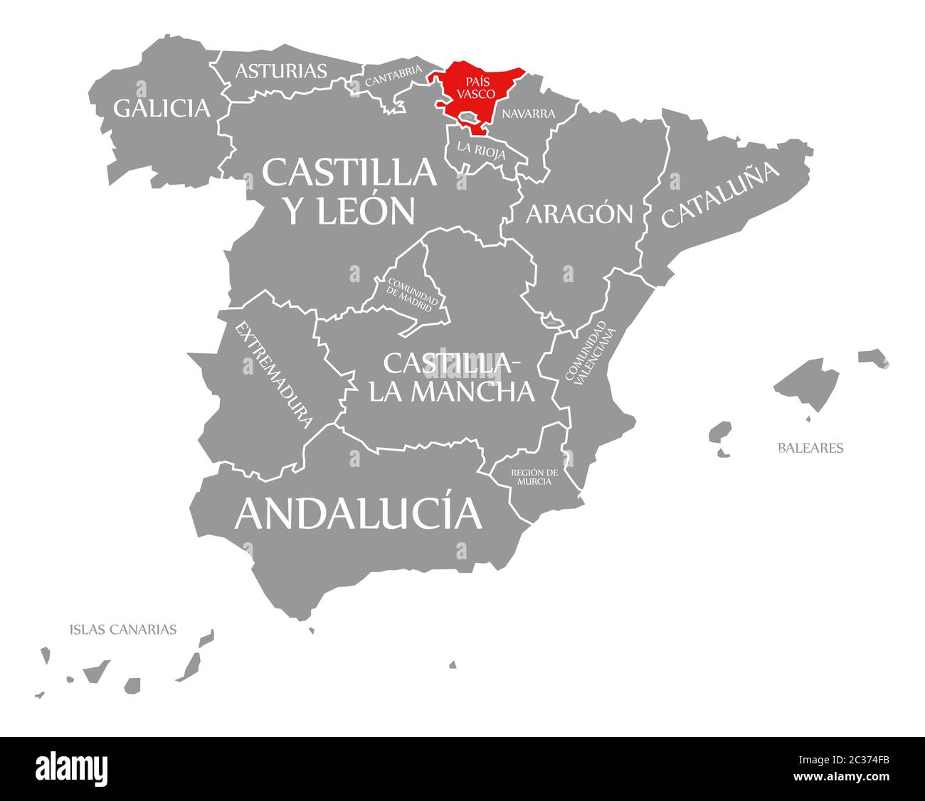 Comunidad Autónoma Vasca resaltada en rojo en el mapa de España Foto de stock