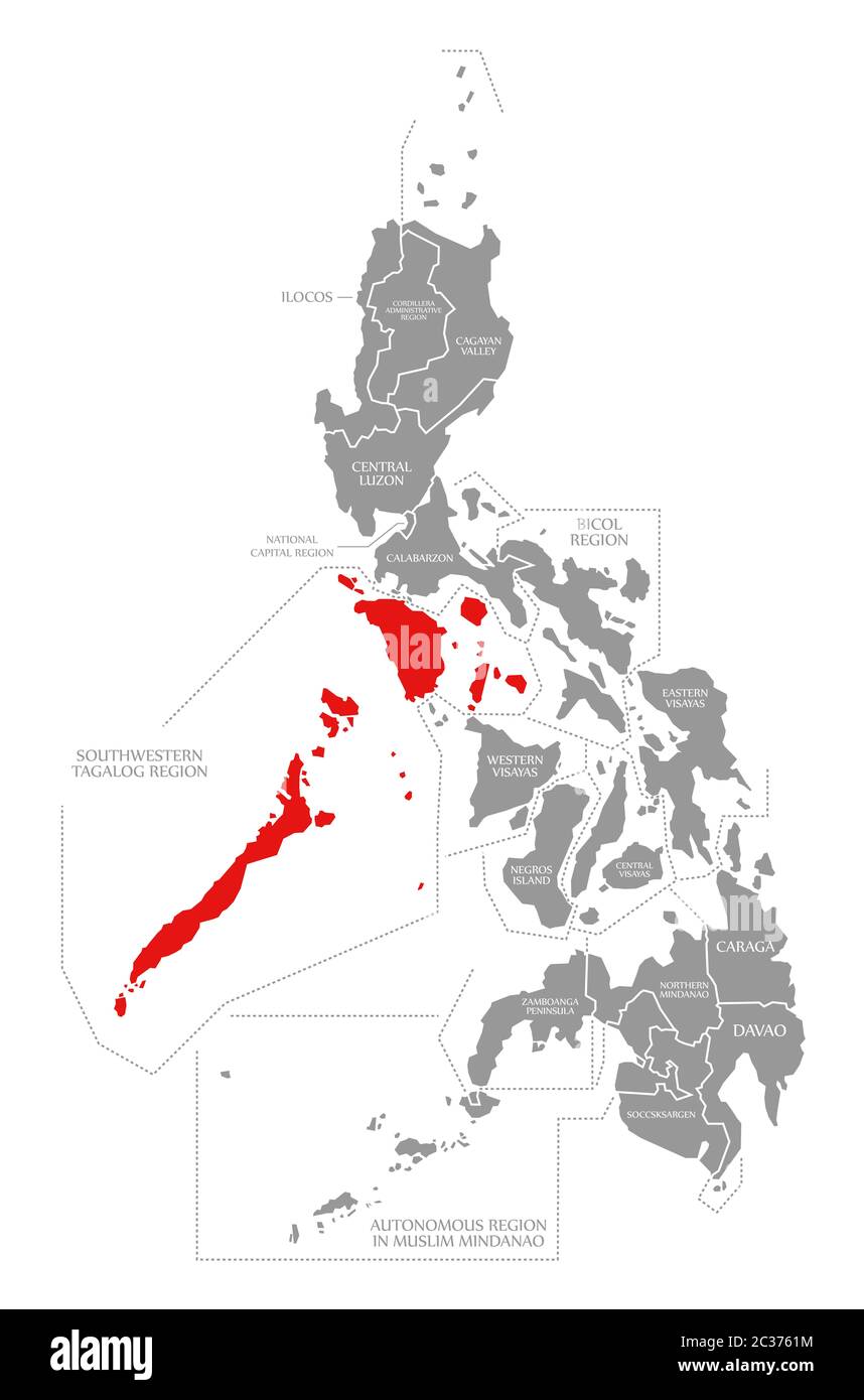 Tagalog suroeste región resaltada en rojo en el mapa de Filipinas Foto de stock