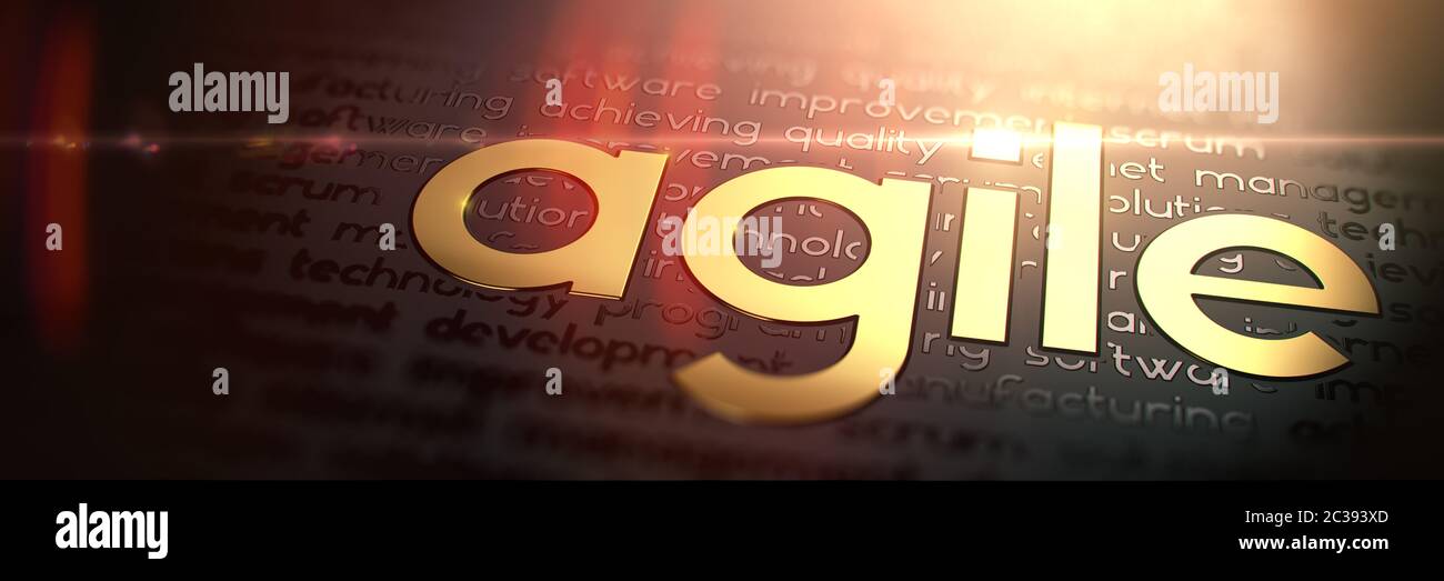 Metodología de desarrollo ágil - Macro Fotografía del lema de oro. Golden Word Viernes Negro grabado sobre papel oscuro. Gran Concepto de Negocios con Foc selectiva Foto de stock