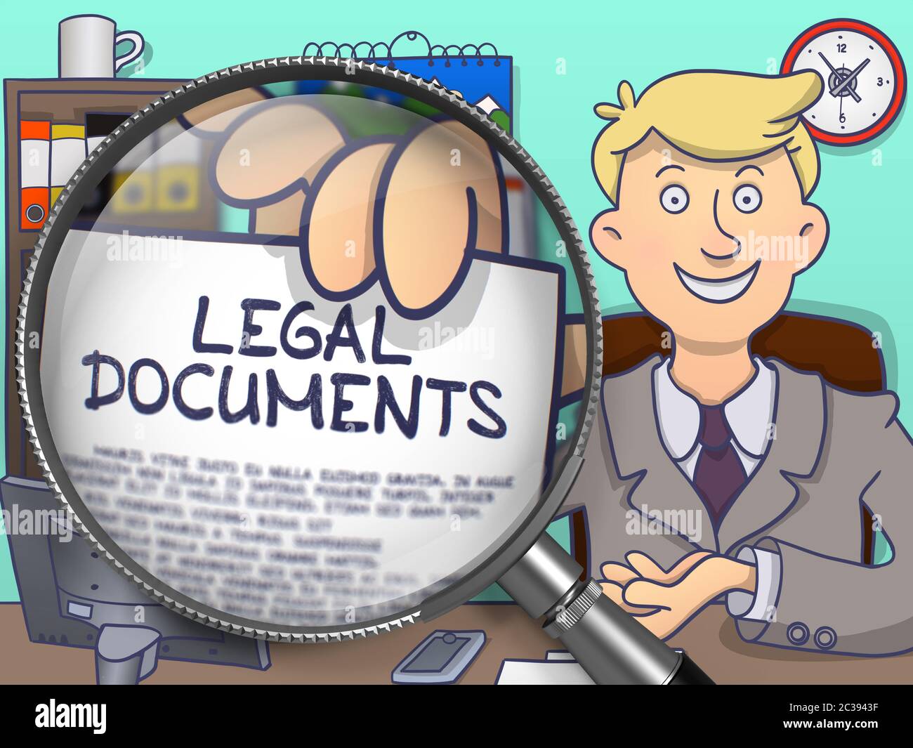 Businessman in Office Workplace presenta un documento con documentos legales  en texto. Vista de primer plano a través de la lente. Ilustración de estilo  de fideos de colores Fotografía de stock -