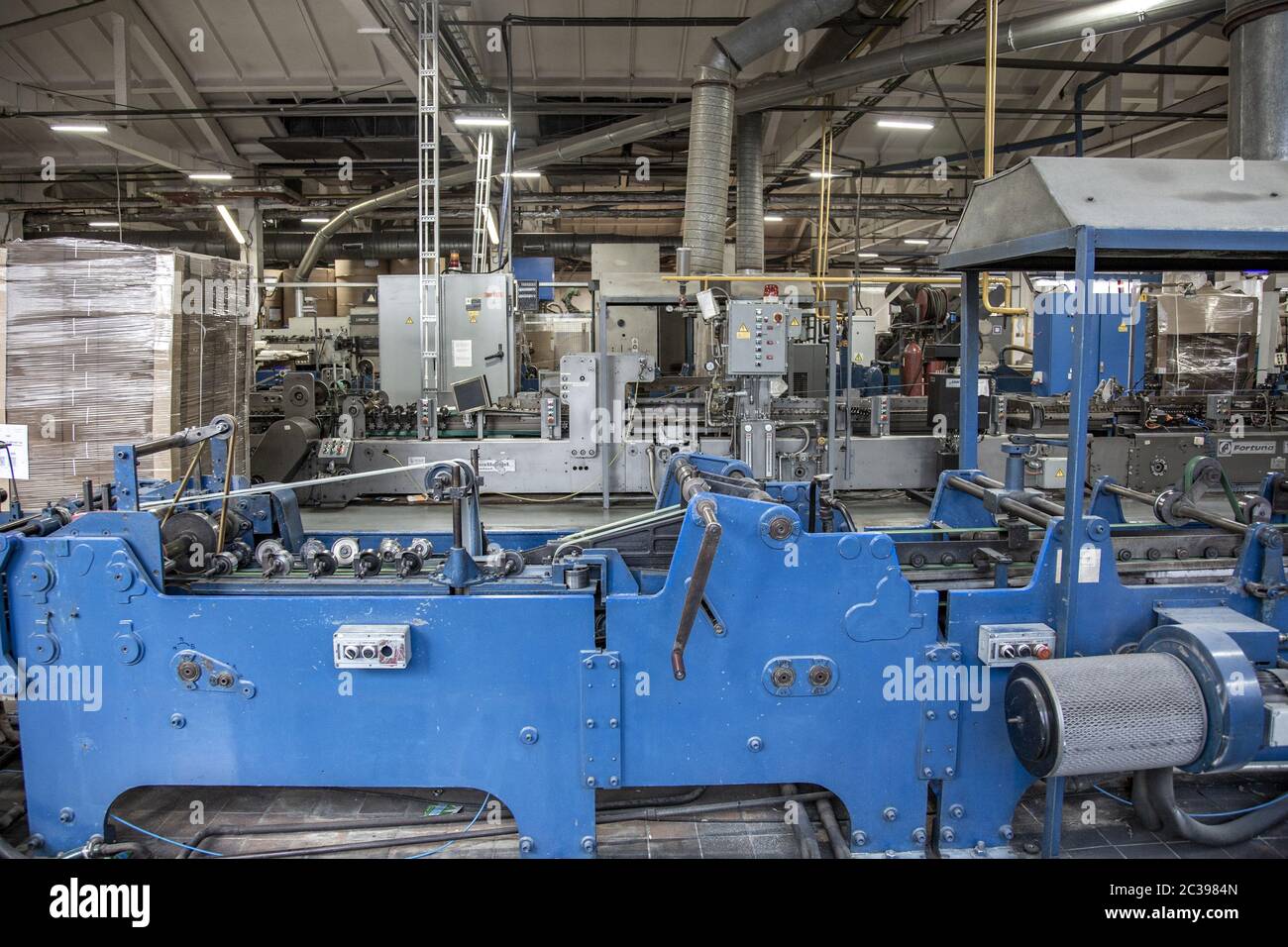 Taller industrial de la fábrica para la producción de envases de cartón Foto de stock