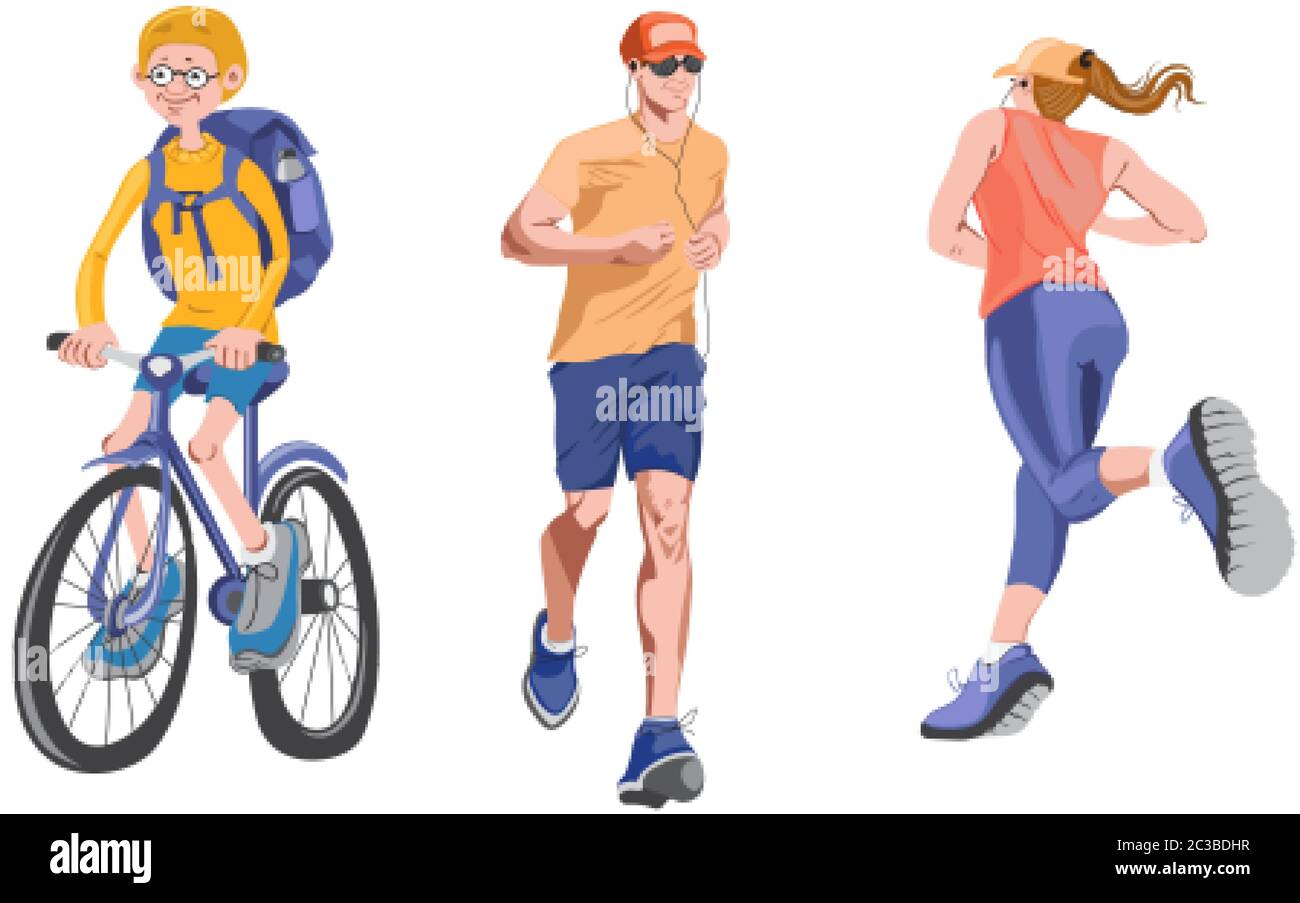 Conjunto de personajes realistas que hacen actividades deportivas al aire libre. Ciclismo y correr con auriculares. Vector Ilustración del Vector