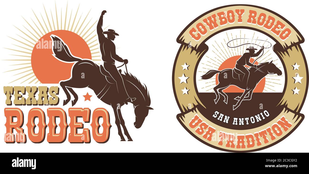 Logo retro rodeo con silueta de jinete de caballo vaquero Imagen Vector