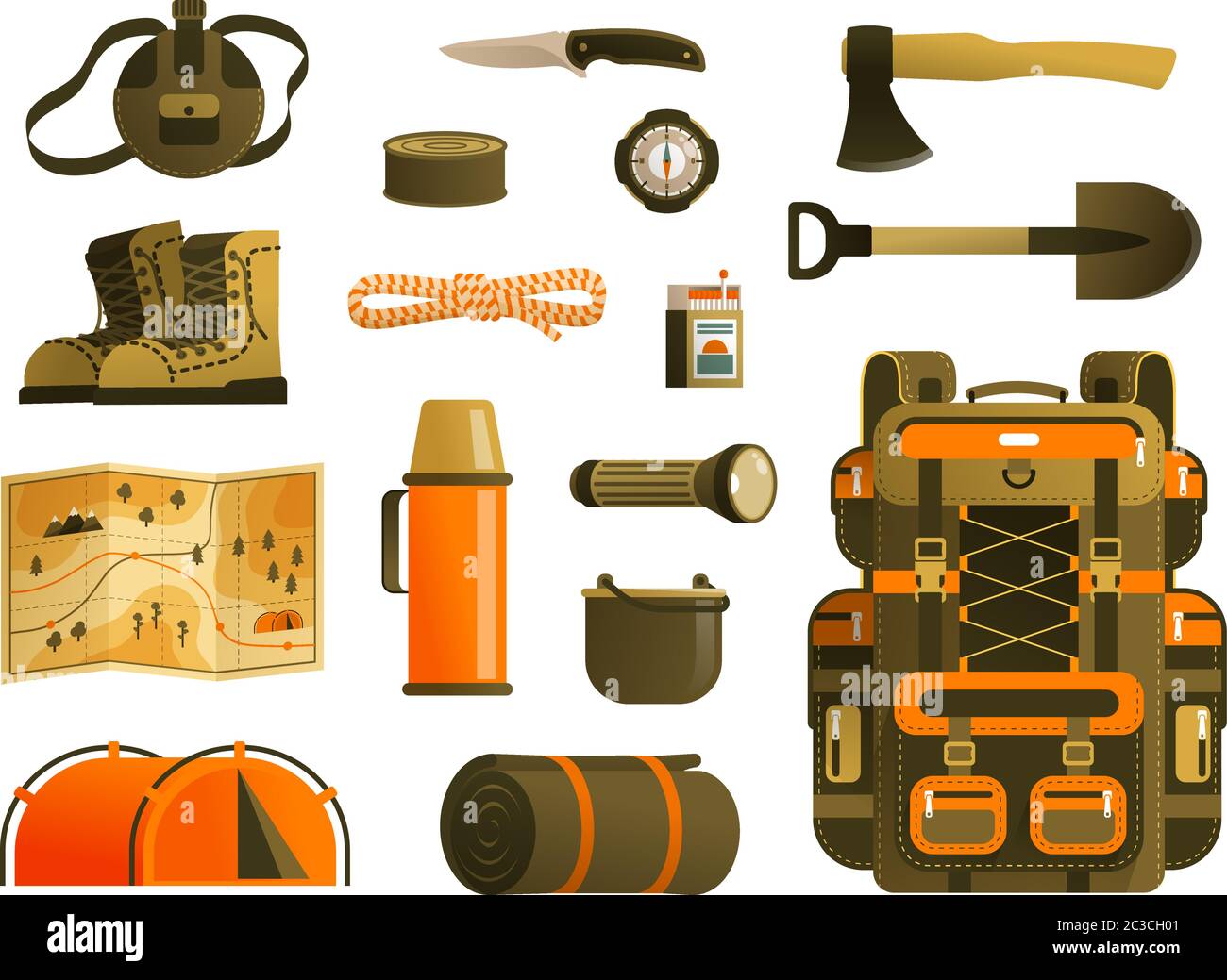 Mochila de camping y kit de supervivencia para turistas Ilustración del Vector