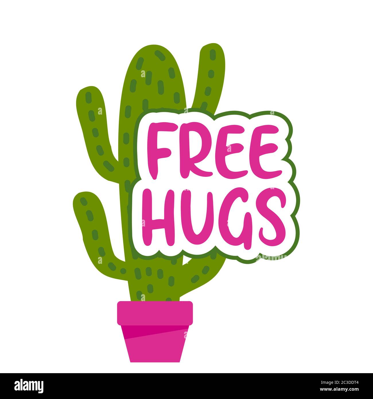 Free Hugs - Cute a mano dibujado cactus con una divertida cita inspiradora.  Planta mexicana. Lindo dicho con cactus verde. Póster de verano de estilo  de fideos para Imagen Vector de stock -
