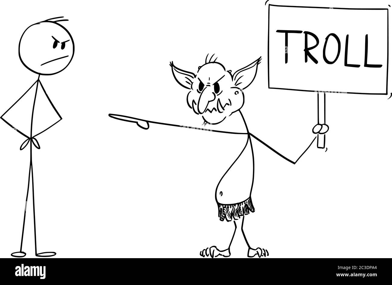 Vector Cartoon Stick figura dibujo conceptual ilustración de troll virtual de Internet asaltar a otro usuario en línea en la guerra de las llamas. Ilustración del Vector