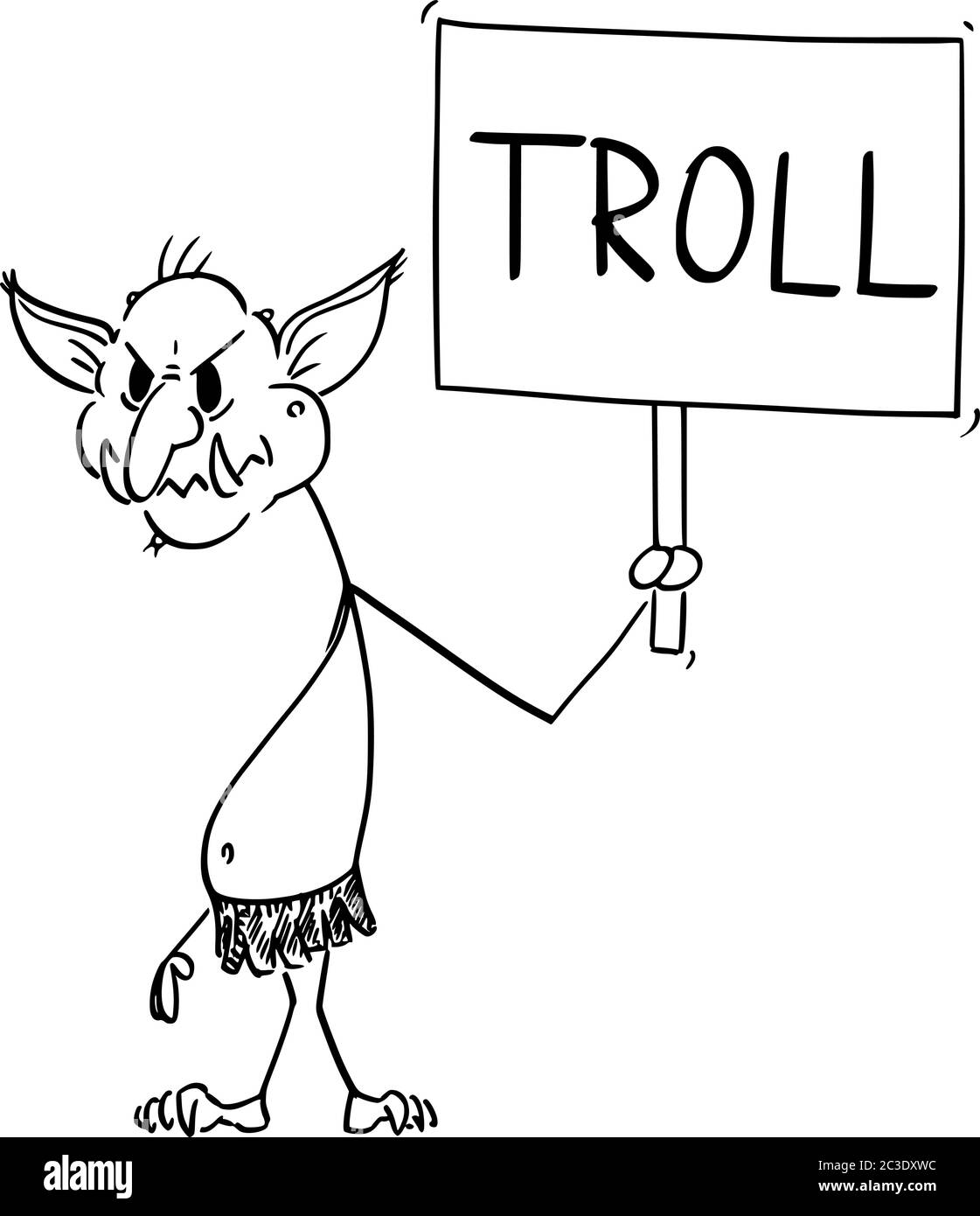 Vector Cartoon Stick figura dibujo conceptual ilustración de troll virtual de Internet asaltar a otros usuarios en línea en las guerras de llama sosteniendo signo. Ilustración del Vector