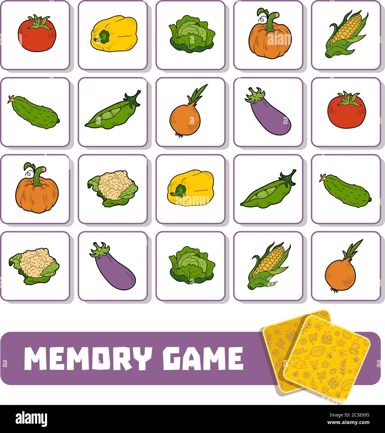 Juego de memoria para niños preescolares, tarjetas vectoriales con verduras Imagen de stock