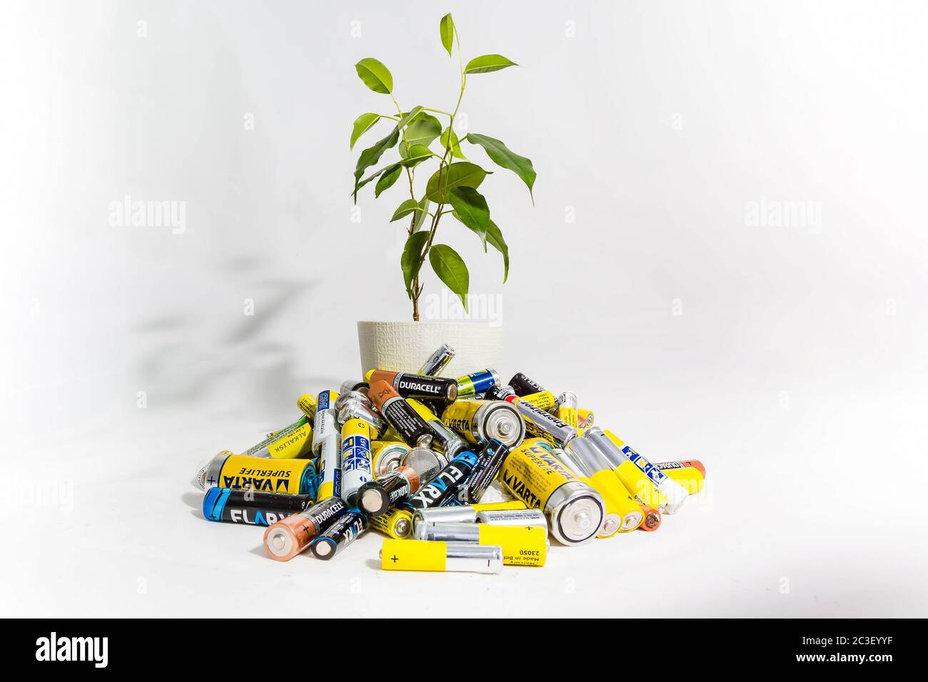 Moscú, Rusia - 20 de abril de 2019: Una flor viva en una olla crece de un montón de pilas. Problemas de reciclaje de baterías Ecología en peligro Foto de stock