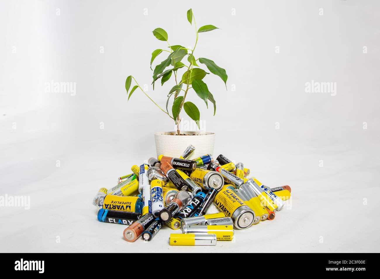Moscú, Rusia - 20 de abril de 2019: Una flor viva en una olla crece de un montón de pilas. Problemas de reciclaje de baterías problemas de ecología. Foto de stock