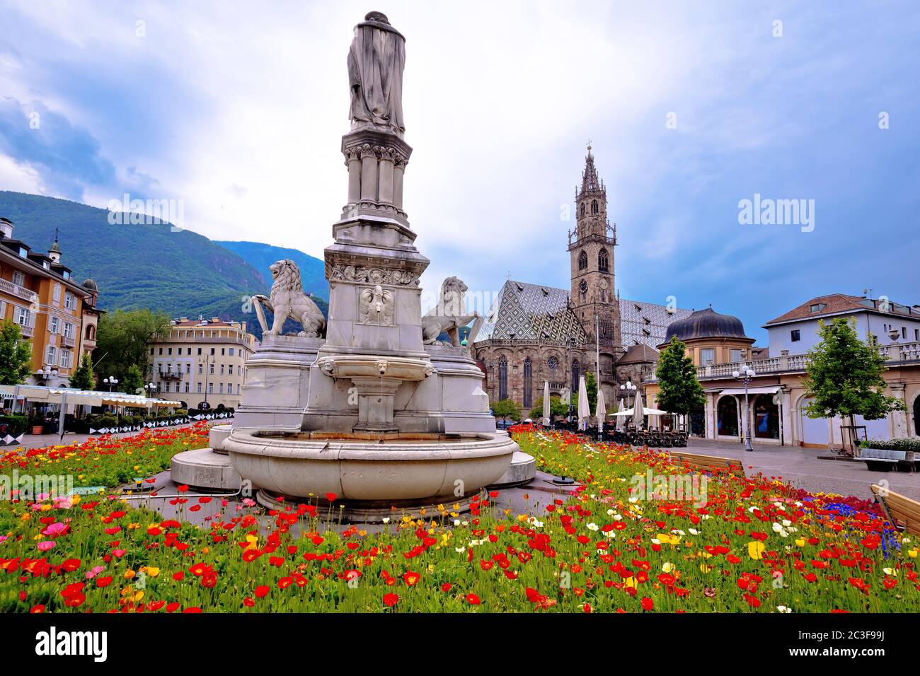 Plaza mayor de Bolzano Waltherplatz flores y archiecture vista Foto de stock