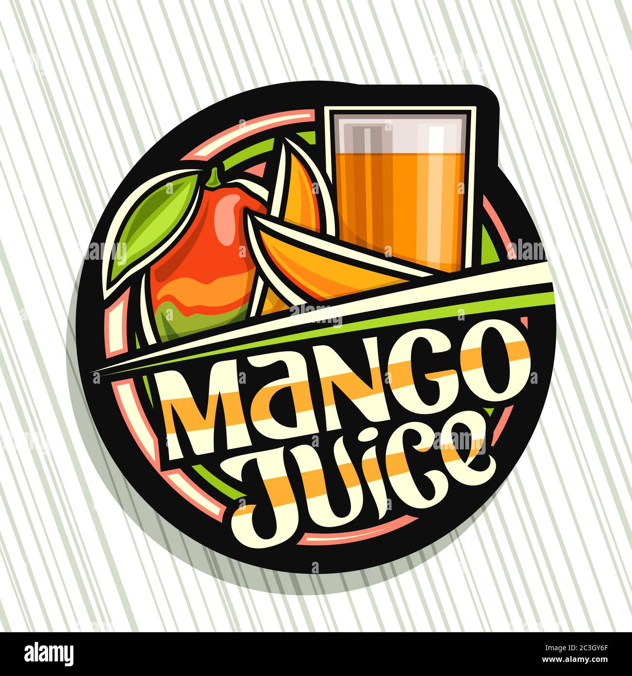 Vector logo para jugo de Mango, etiqueta decorativa oscura con ilustración  de bebida de fruta en vidrio alto y 3 mangos de dibujos animados, concepto  de fruta con un único let Imagen
