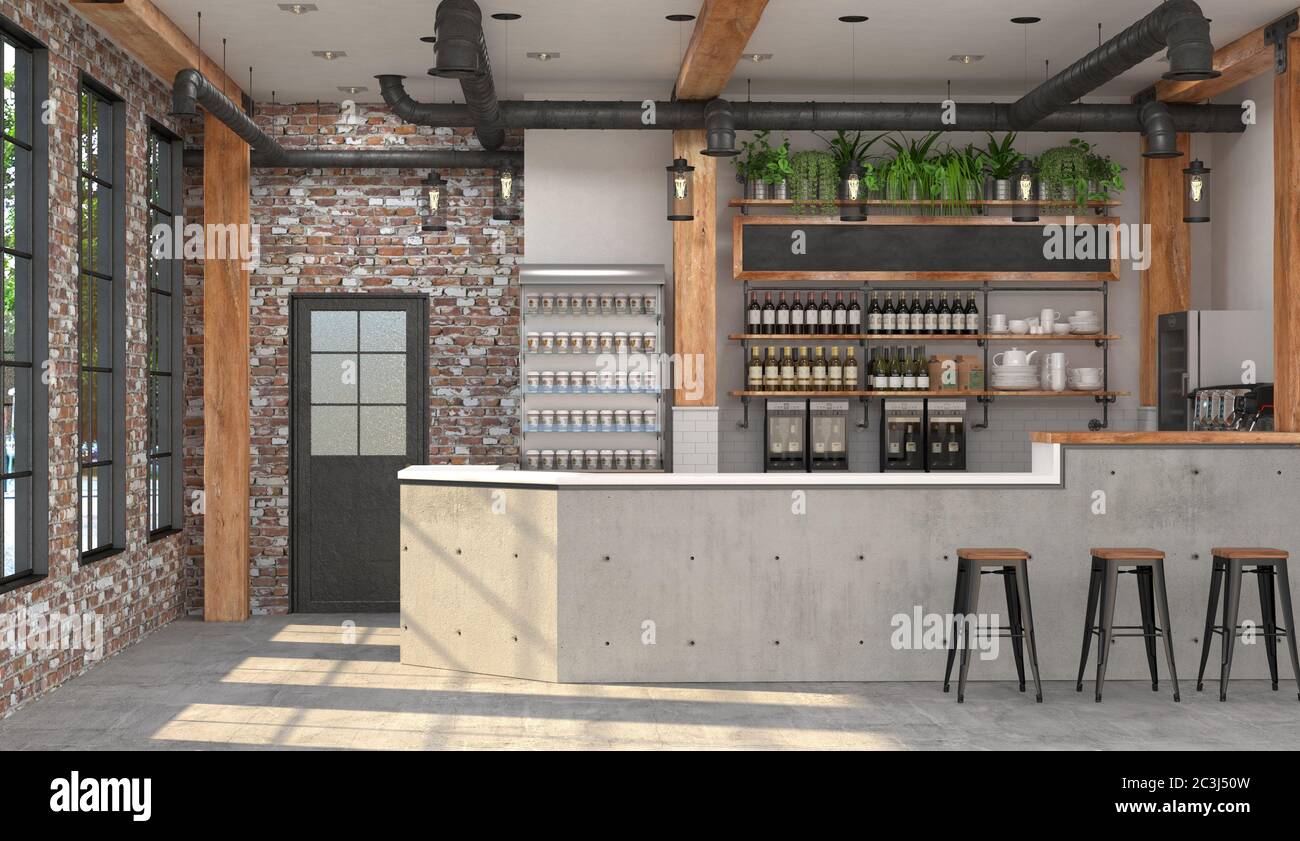 Interior de una cafetería con un bar. Fondo y superficie de la mesa