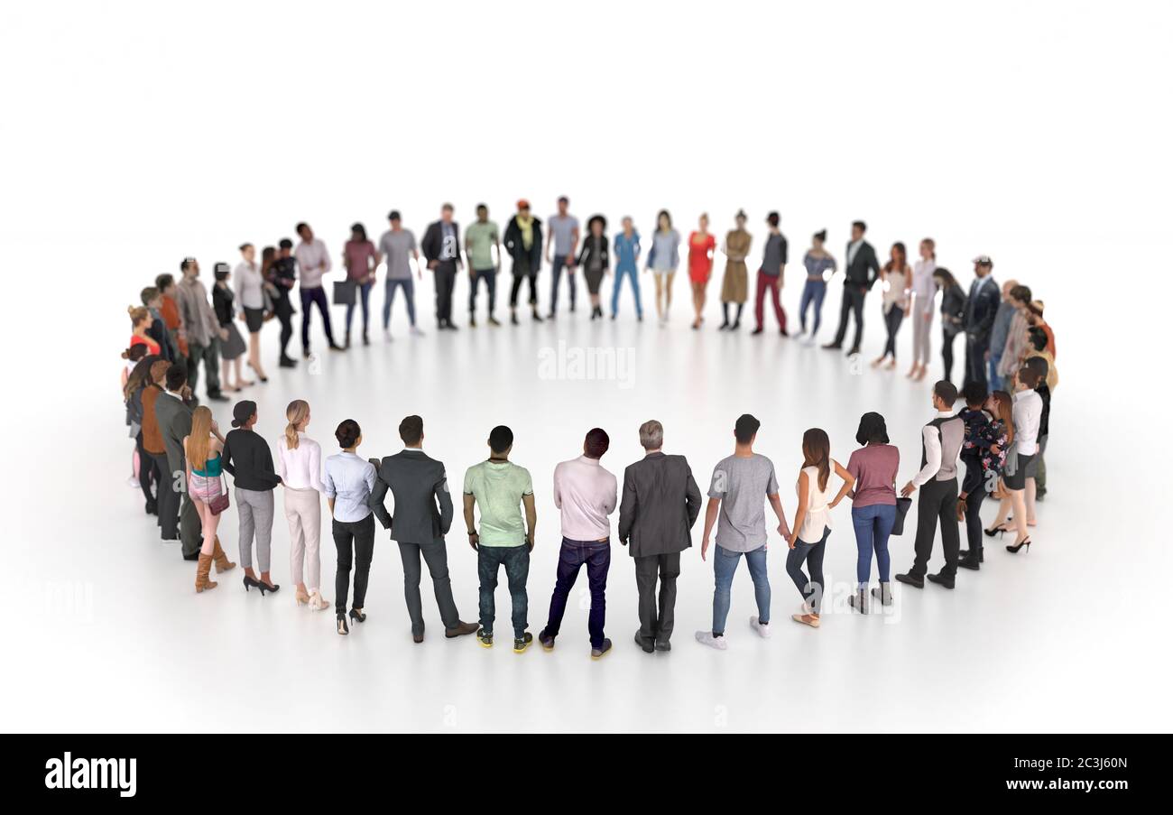 Un grupo de personas diferentes se encuentra en un círculo aislado sobre un fondo blanco. Un evento social o una reunión pública con un escenario vacío para una actuación. Foto de stock