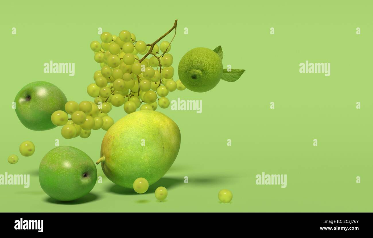 Banner con frutos verdes sobre fondo verde con espacio libre para texto. Composición de racimos de uvas, manzanas, mango y limo cayendo. Re. 3D Foto de stock