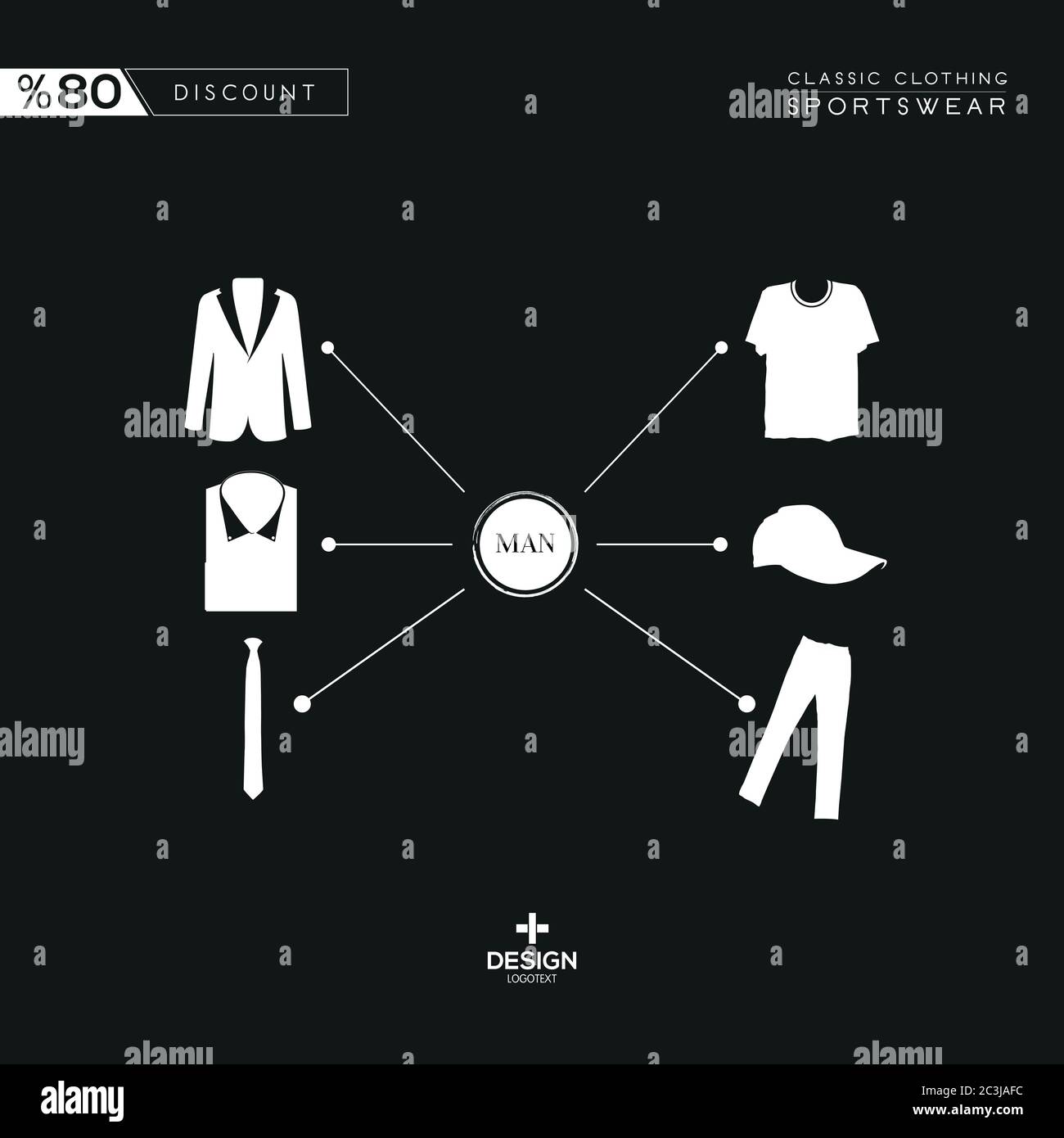 Trajes clásicos y productos de ropa deportiva fondo blanco y negro.Chaqueta, pantalones, camisa, sombrero, corbata, camiseta, esmoquin. diseño de pósteres para blog Imagen Vector de stock - Alamy