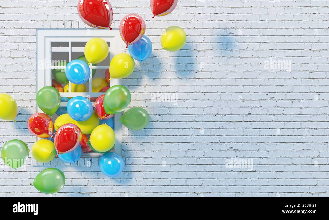 Muchos globos de colores vuelan desde una ventana abierta en el fondo de una pared de ladrillo blanco. Espacio de copia. Renderización 3D. Foto de stock