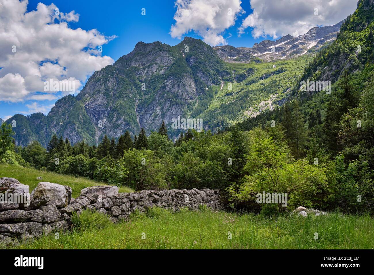 Val Masino en Valtellina paisaje de los Alpes, Lombardía, Italia Foto de stock